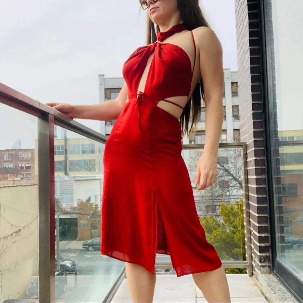 Reformation Neck Chocker Strappy Cherry MIDI Dress